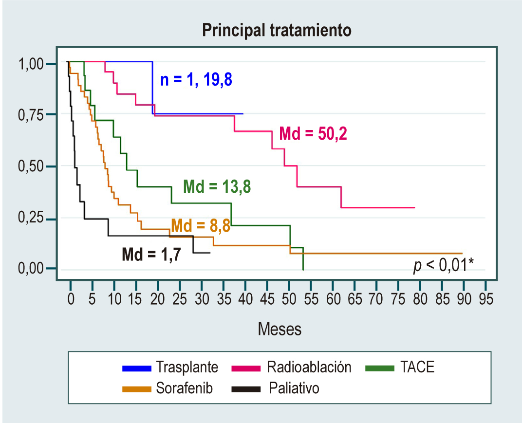 Figura 2. Curvas de supervivencia del riesgo de muerte desde el diagnóstico de hepatocarcinoma por tratamiento principal